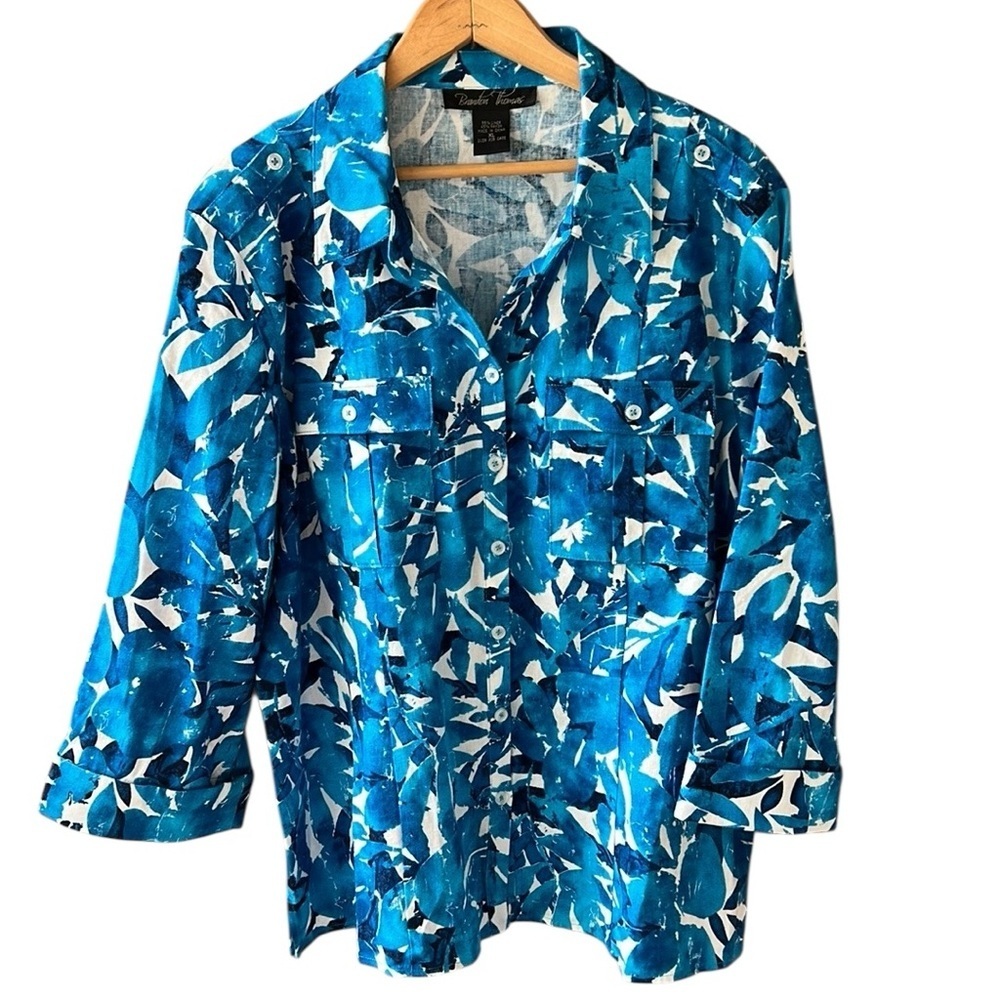 Brandon Thomas XL Linen Blend Blue White Floral Button Front Light Weight Jacket